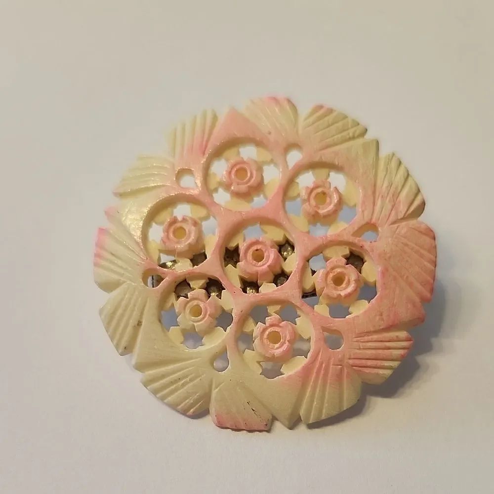 RARE Pink and Cream Carved Celluloid Vintage Floral Brooch